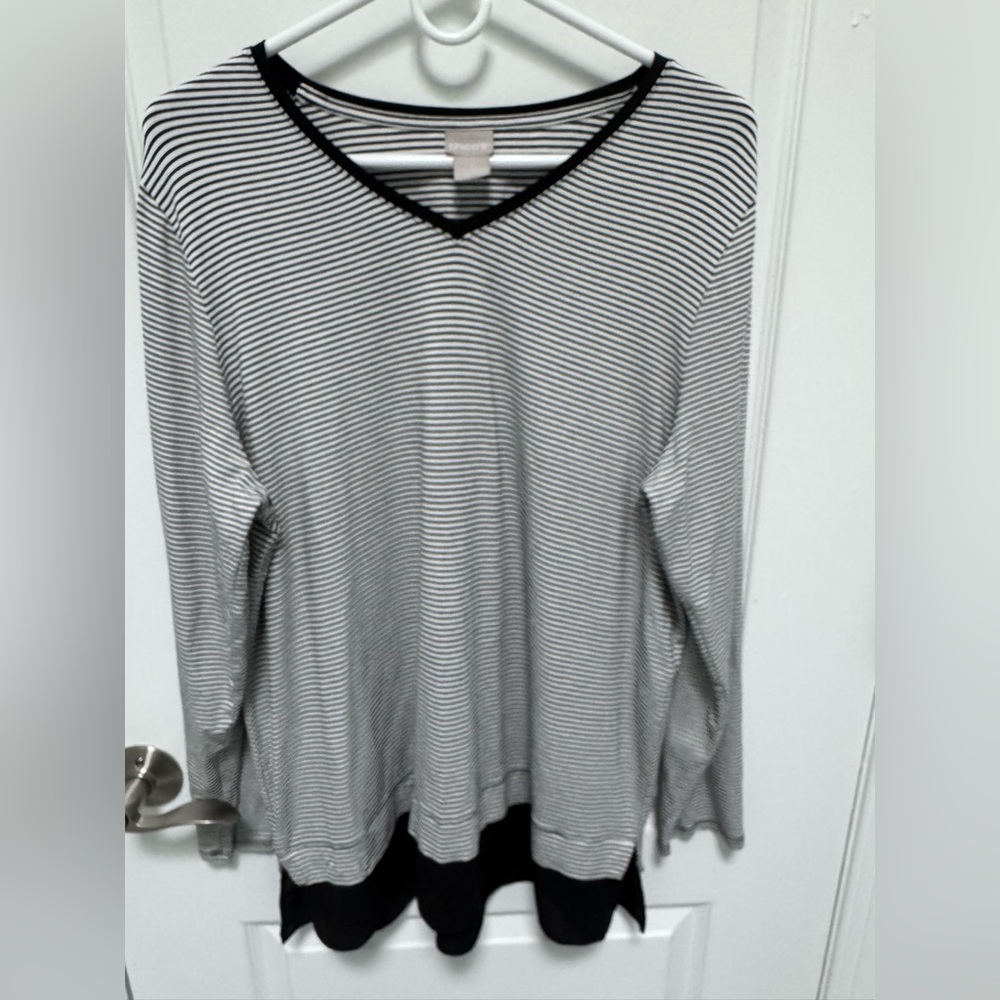 Chico’s Top, Size 2 or Large, Black & White Striped, V-Neck, Long Sleeve